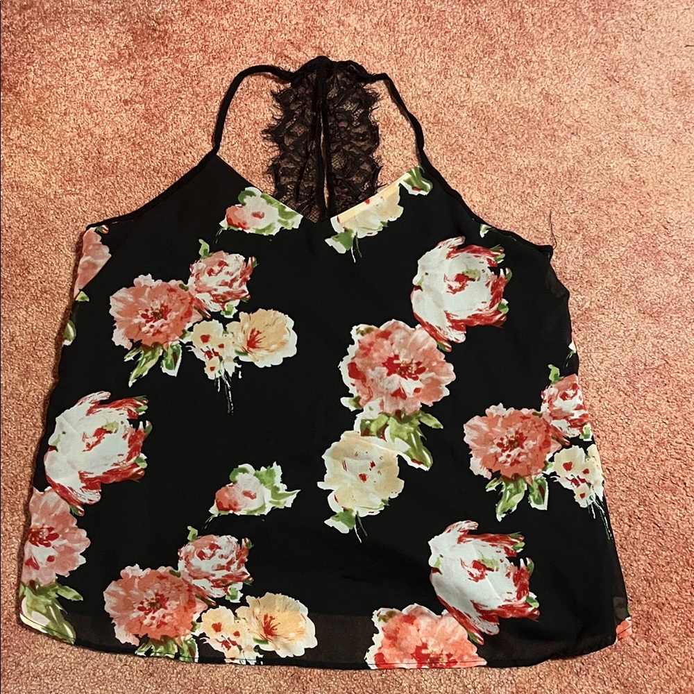 Maurices Black Floral Camisole with Lace Back
